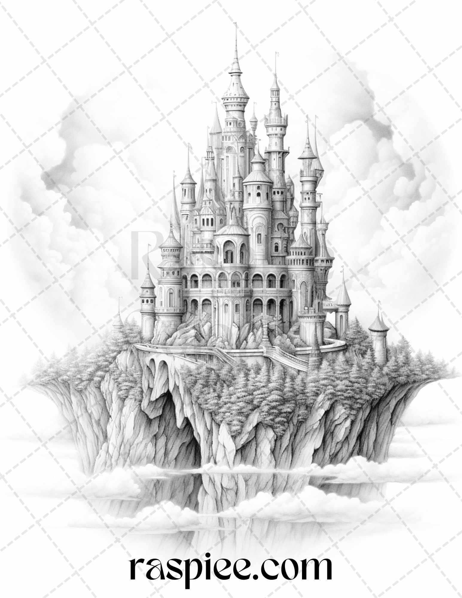 Floating Castle in the Sky Grayscale Coloring Pages for Adults, Printable PDF File Instant Download