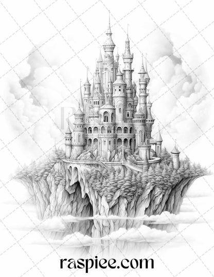 Floating Castle in the Sky Grayscale Coloring Pages for Adults, Printable PDF File Instant Download