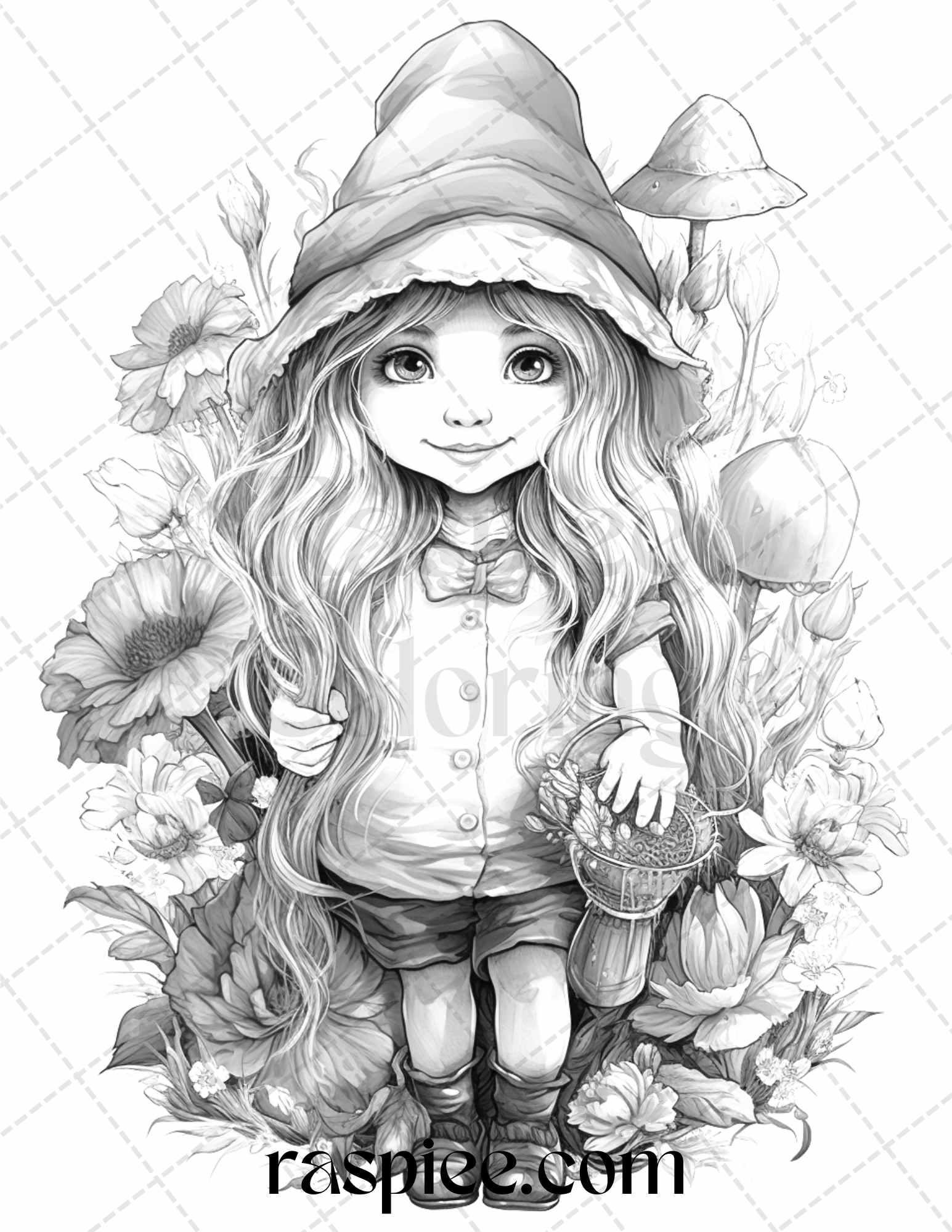 50 Flower Gnomes Grayscale Coloring Pages Printable for Adults Kids, PDF File Instant Download