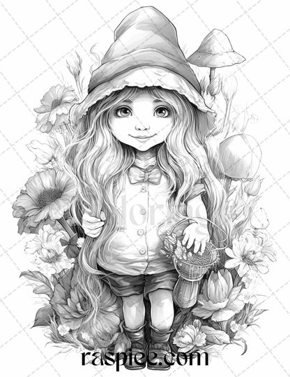 50 Flower Gnomes Grayscale Coloring Pages Printable for Adults Kids, PDF File Instant Download
