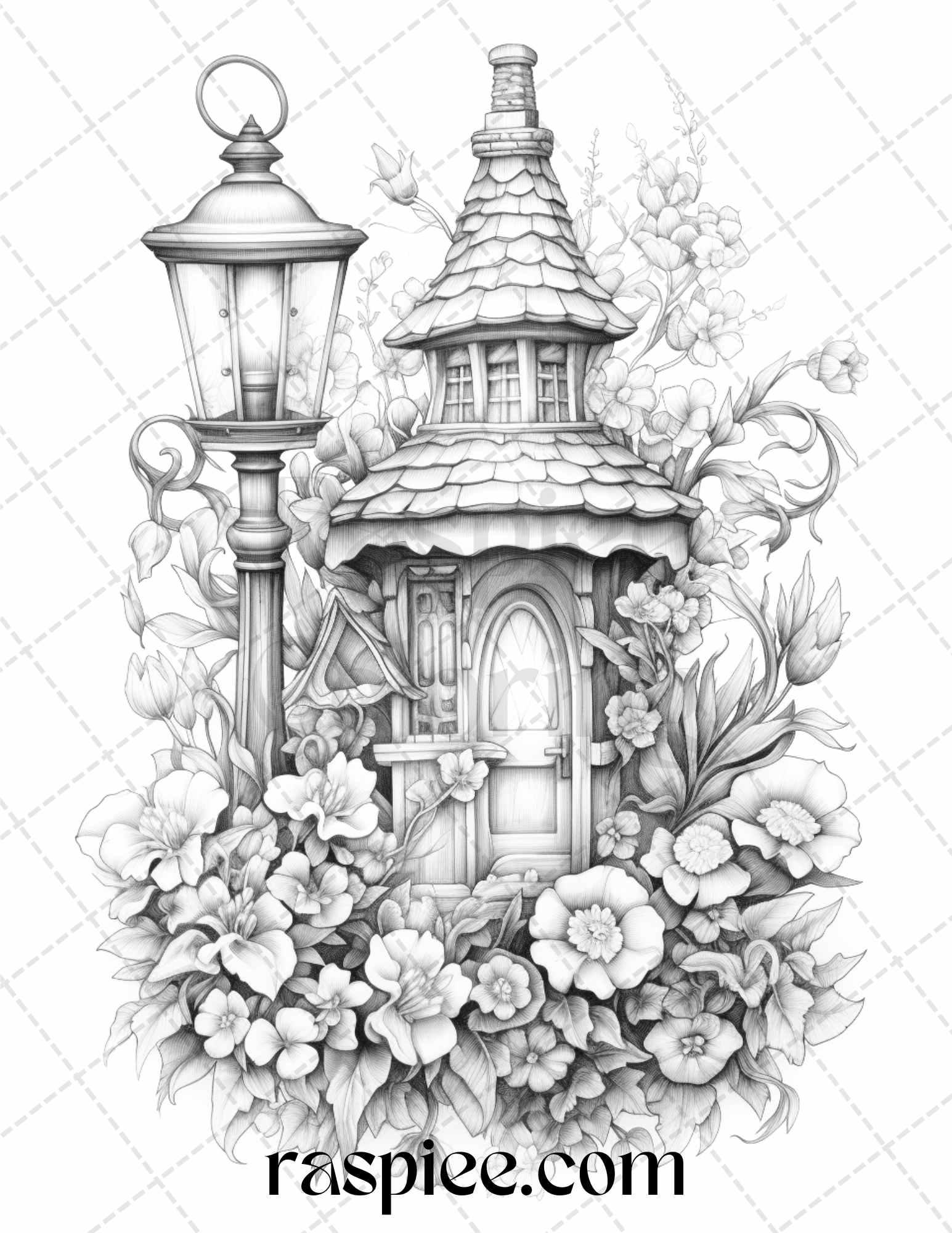50 Lantern Fairy Houses Grayscale Coloring Pages Printable for Adults, PDF File Instant Download