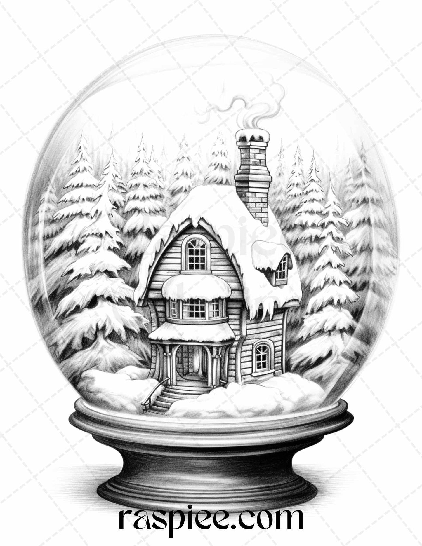 Cozy Cabin in Snow Globe Grayscale Coloring Pages Printable for Adults, PDF File Instant Download