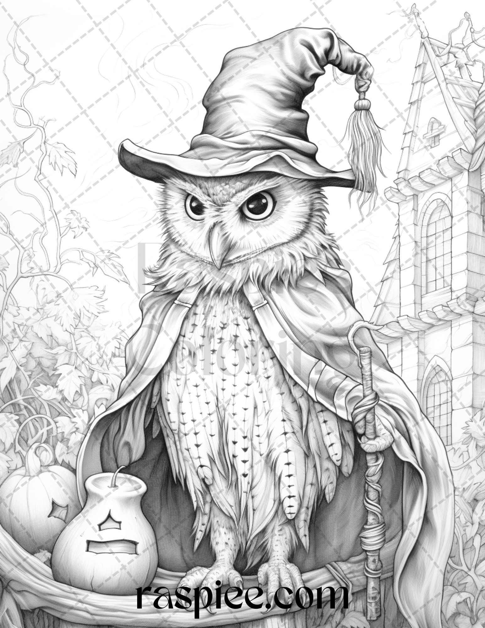 Halloween Witch Owl Grayscale Coloring Pages for Adults and Kids, Printable PDF Instant Download
