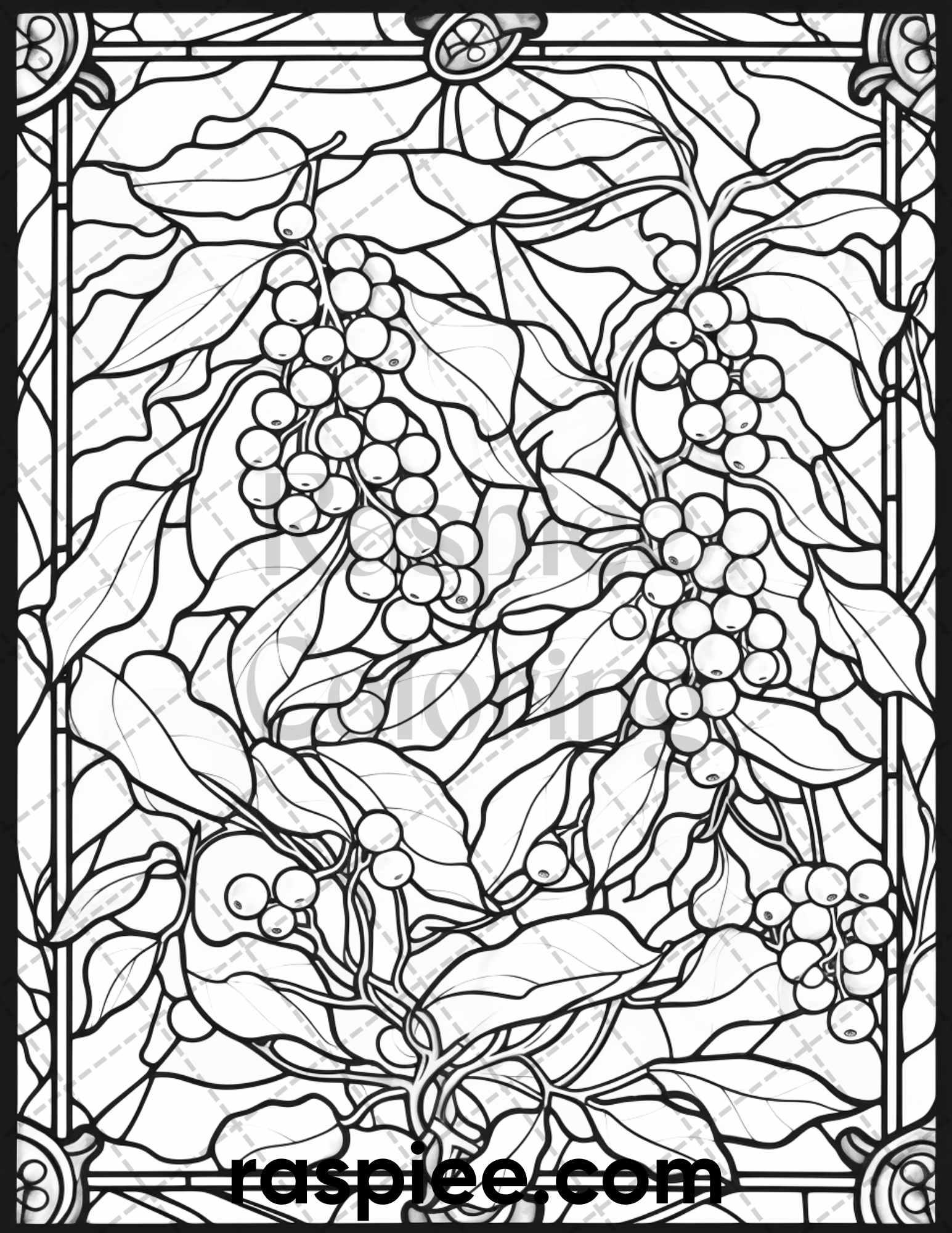 50 Christmas Stained Glass Grayscale Coloring Pages for Adults, Printable PDF File Instant Download