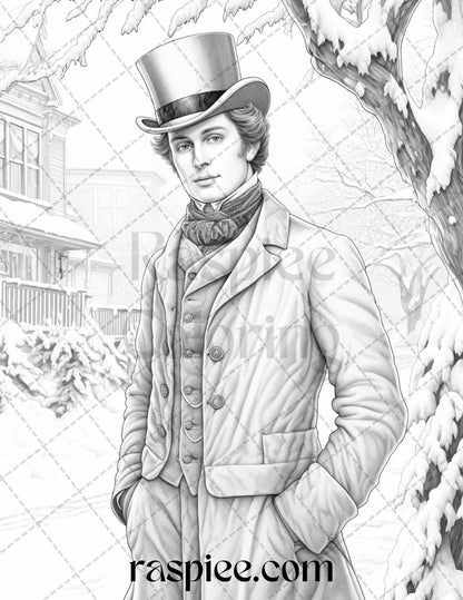 60 Victorian Winter Portrait Grayscale Coloring Pages Printable for Adults, PDF File Instant Download