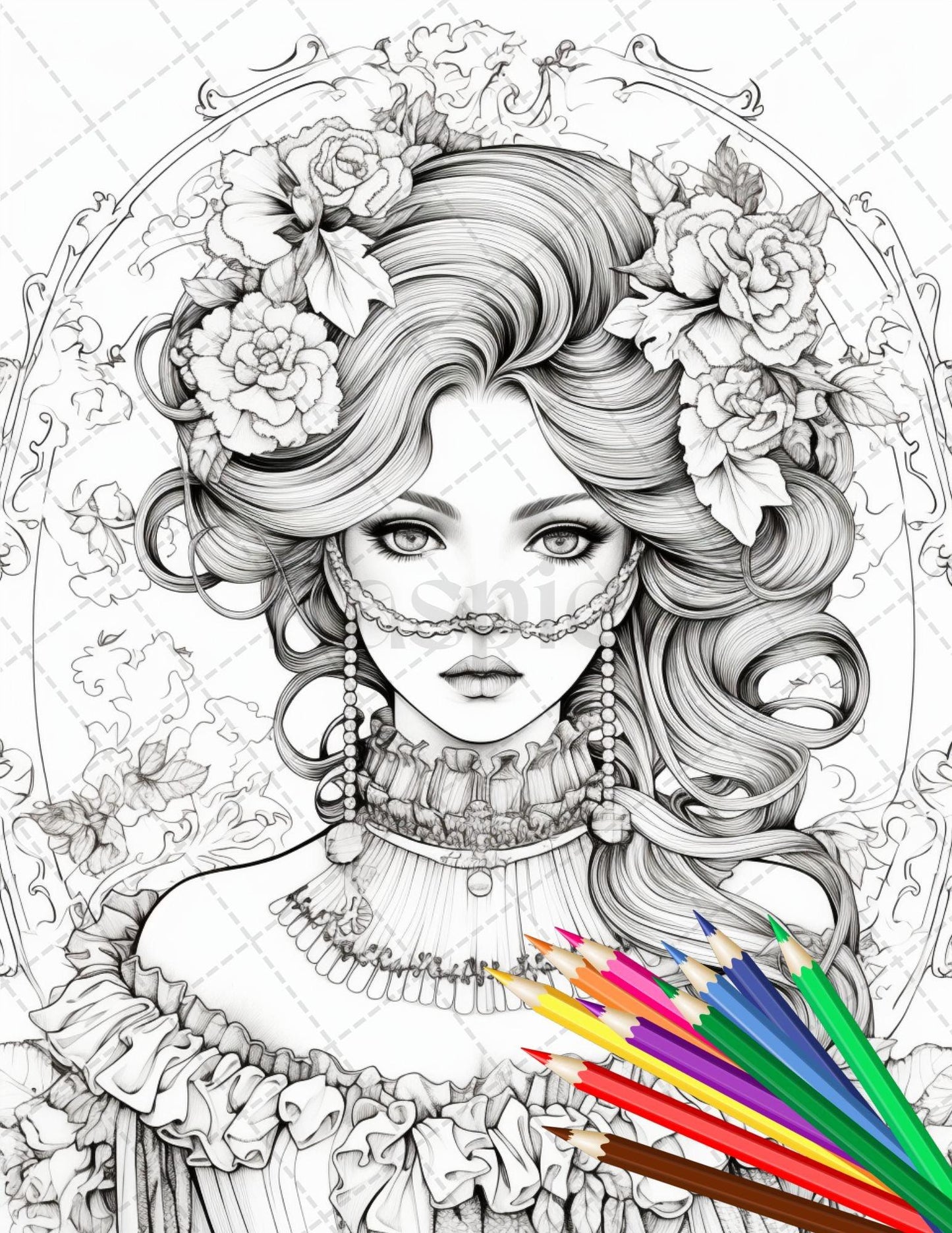 36 Beautiful Victorian Girls Coloring Pages Printable for Adults, Grayscale Coloring Page, PDF File Instant Download