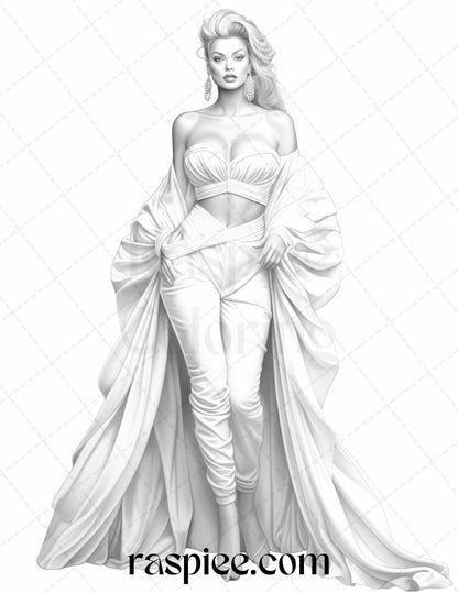 Fashion Show Grayscale Coloring Pages Printable for Adults, PDF File Instant Download