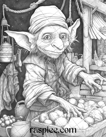 Fantasy Goblins Grayscale Coloring Pages Printable for Adults, PDF File Instant Download