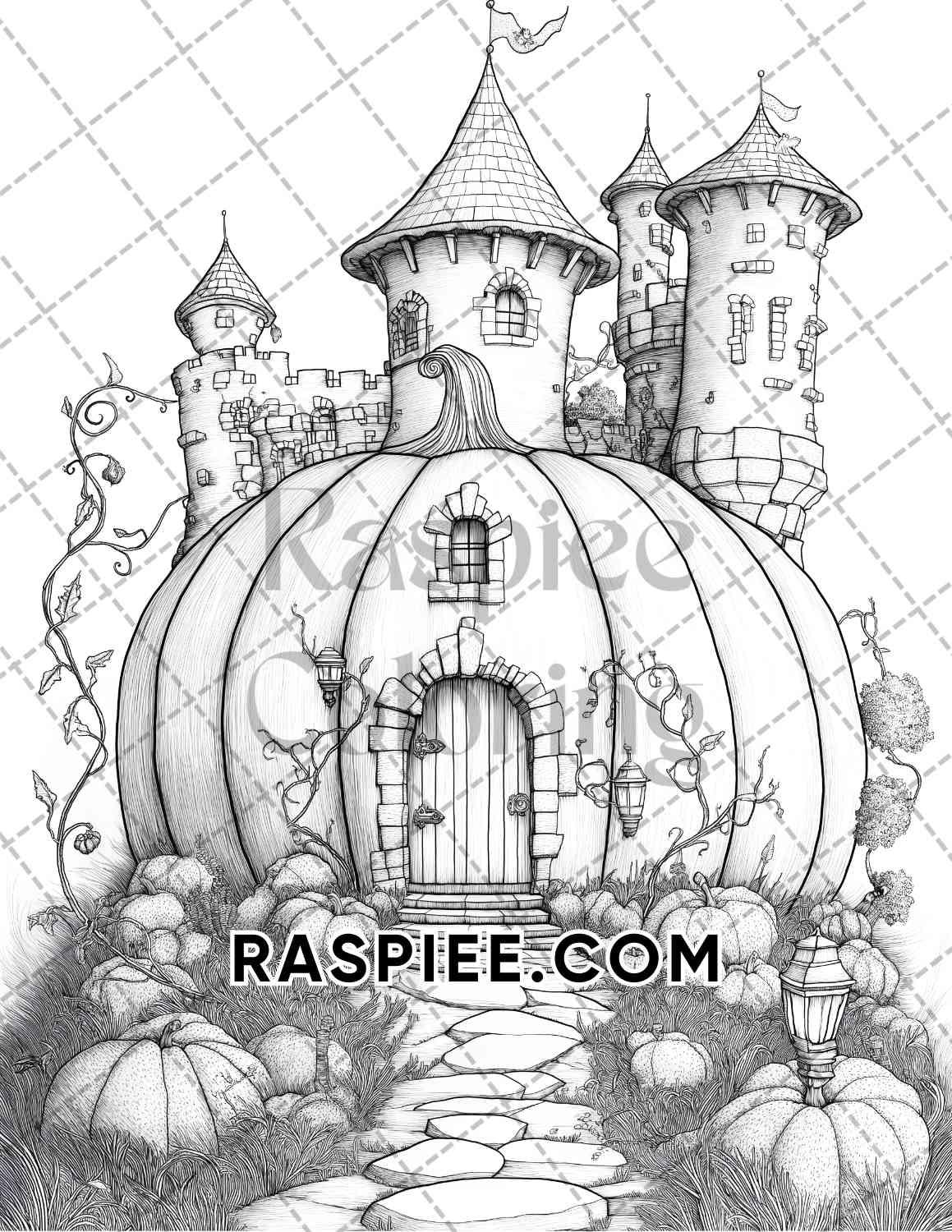 Fantasy Giant Pumpkin Castles Adult Coloring Pages Printable PDF Instant Download