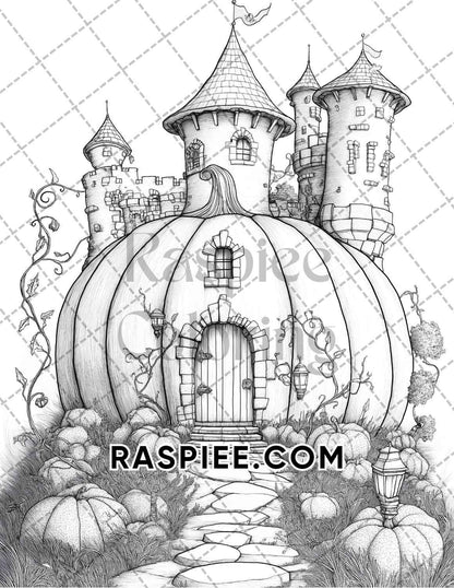 Fantasy Giant Pumpkin Castles Adult Coloring Pages Printable PDF Instant Download