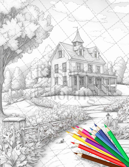 Charming Farmhouse Scenery Grayscale Coloring Pages Printable for Adults, PDF File Instant Download