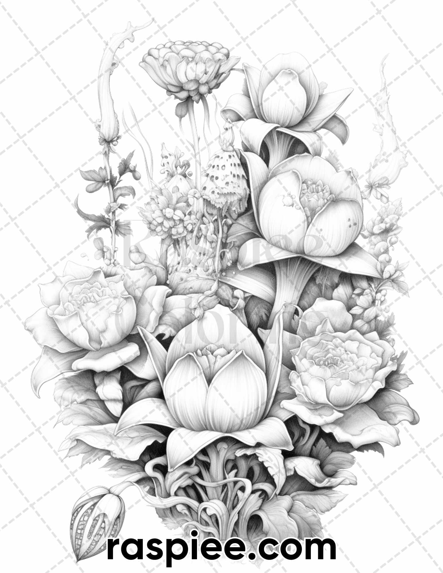 55 Fantasy Flowers Grayscale Coloring Pages for Adults, Printable PDF File Instant Download