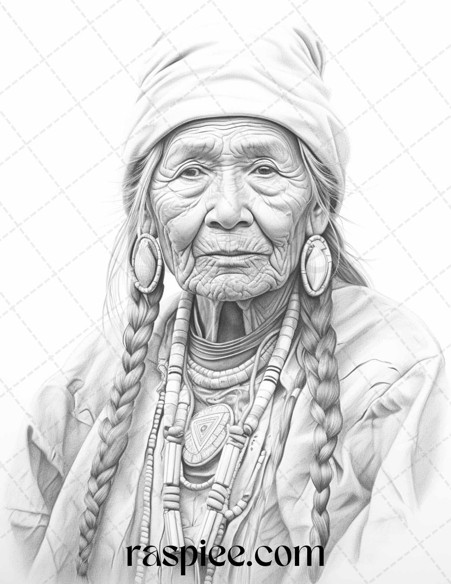 Native American Portrait Grayscale Coloring Pages Printable for Adults, PDF File Instant Download