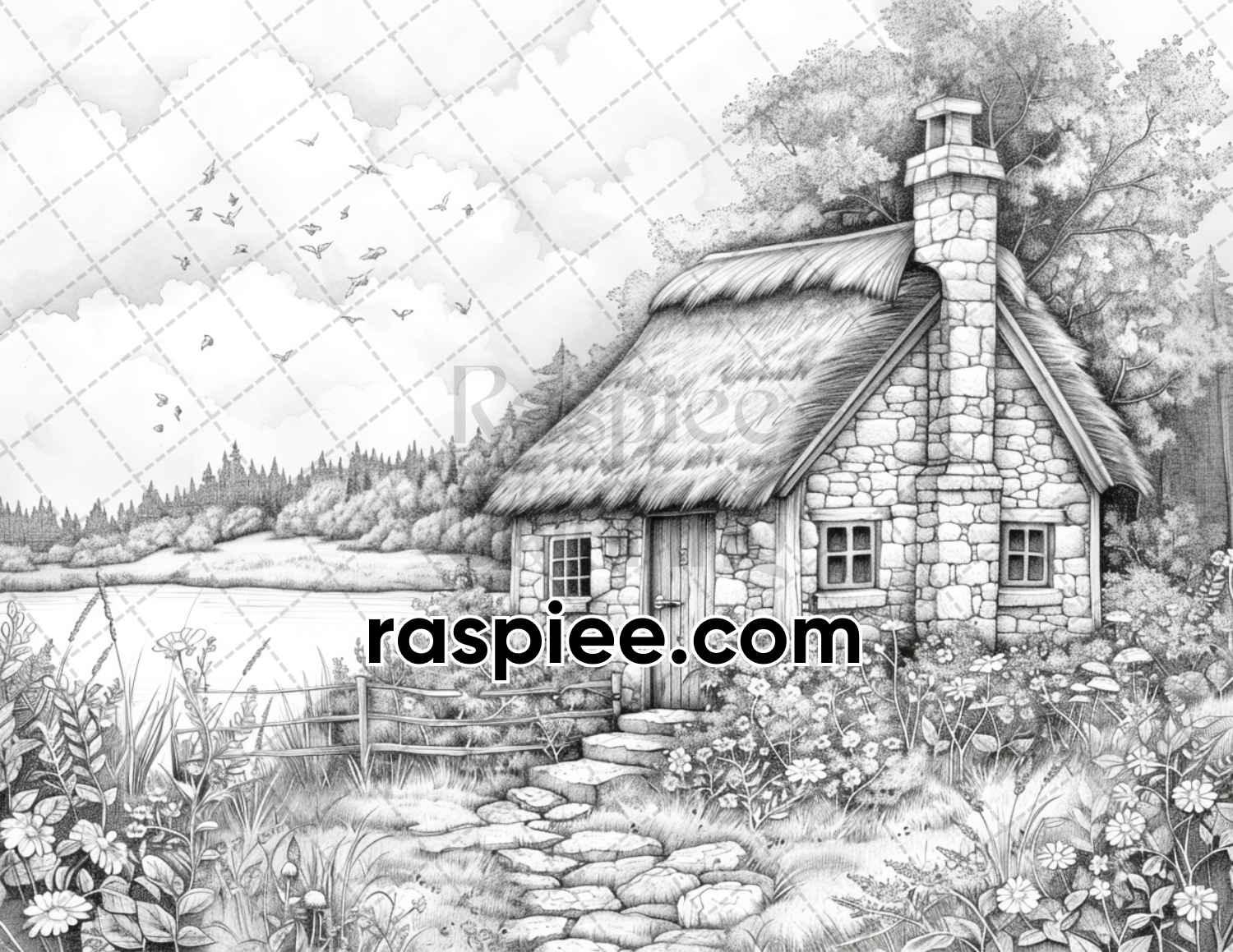 62 Serene Lakeside Cabins Grayscale Adult Coloring Pages, Printable PDF Instant Download