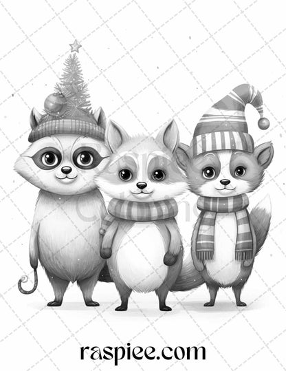 70 Christmas Critters Grayscale Coloring Pages Printable for Adults and Kids, PDF File Instant Download