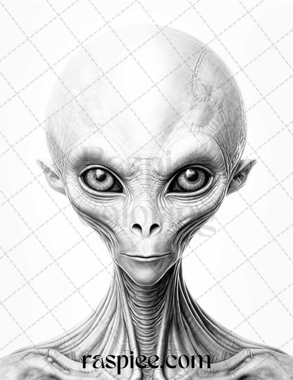 65 Alien Portrait Grayscale Coloring Pages for Adults, Printable PDF File Instant Download
