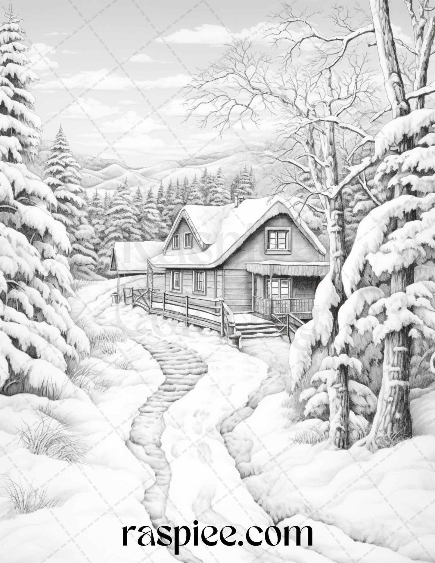 Winter Scenery Grayscale Coloring Pages Printable, Relaxing Snowy Landscapes, PDF File Instant Download