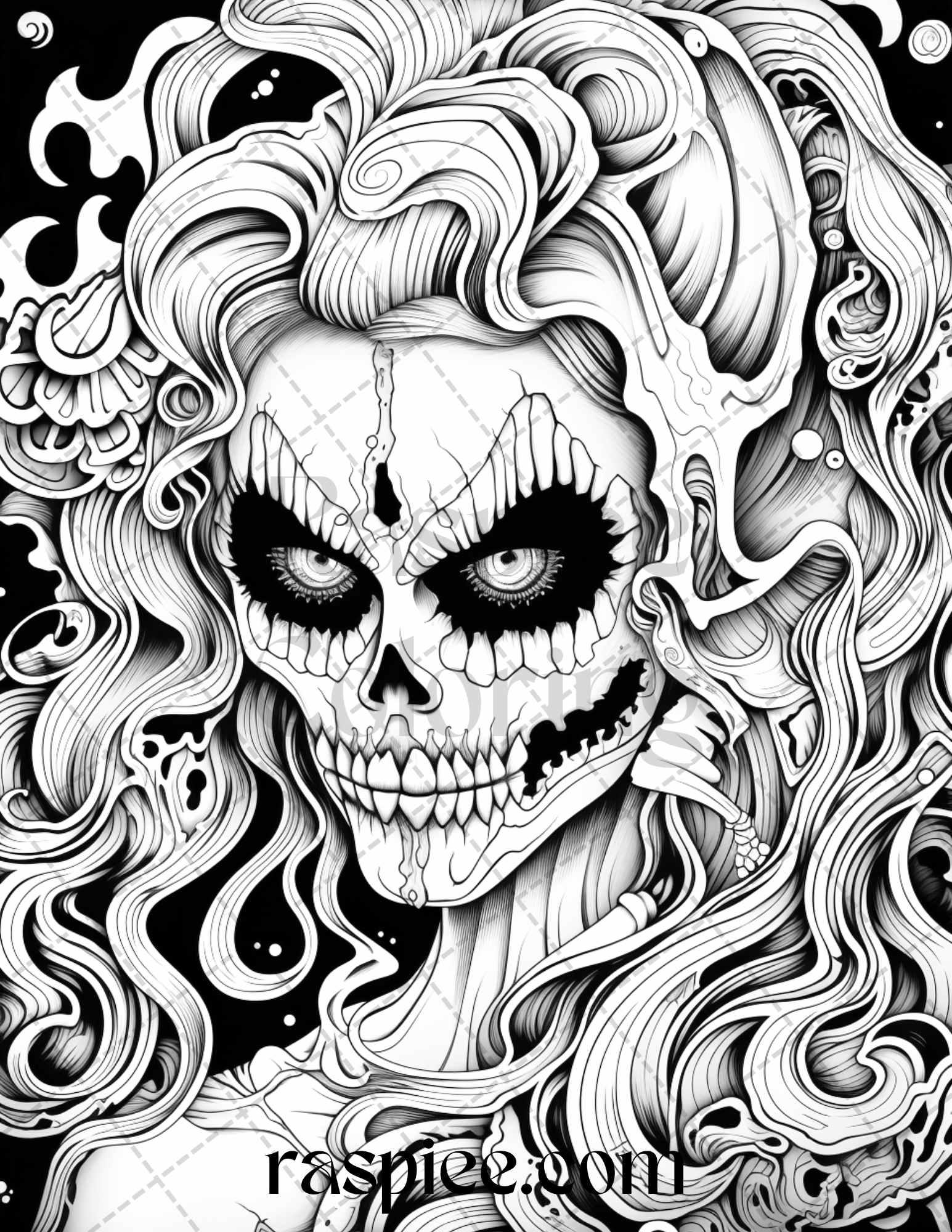 50 Spooky Miss Nightmare Grayscale Coloring Pages Printable for Adults, PDF File Instant Download
