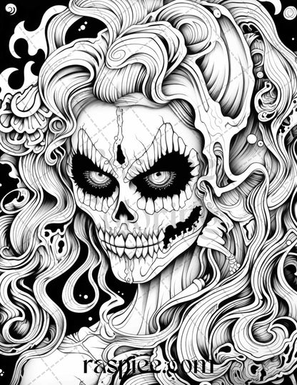 50 Spooky Miss Nightmare Grayscale Coloring Pages Printable for Adults, PDF File Instant Download