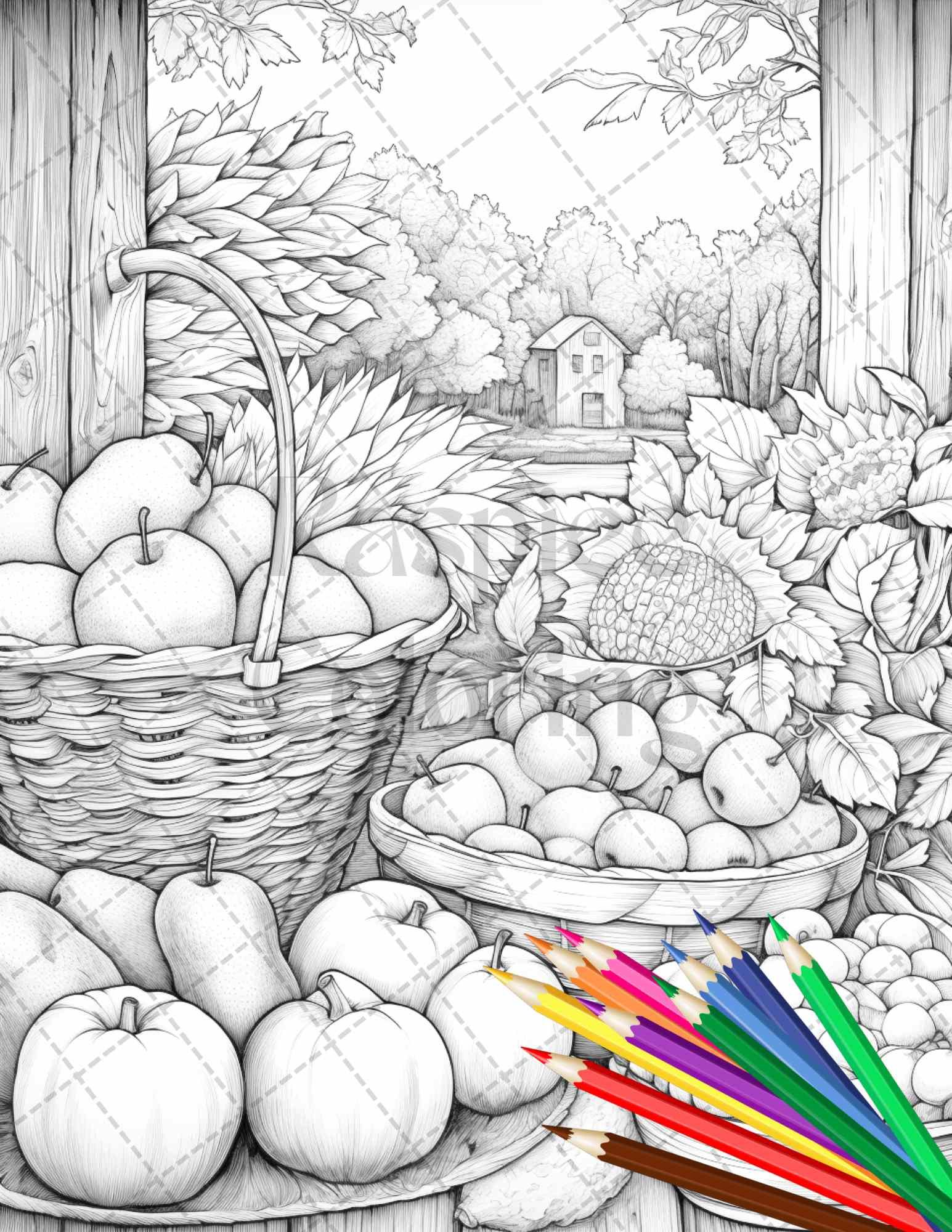 Autumn Harvest Grayscale Coloring Pages Printable for Adults, Relaxing Fall Themed Art, PDF File Instant Download