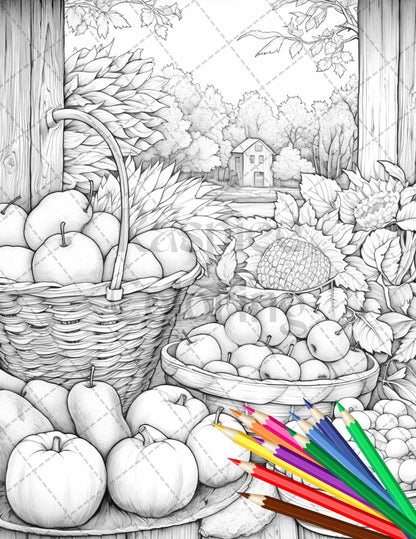 Autumn Harvest Grayscale Coloring Pages Printable for Adults, Relaxing Fall Themed Art, PDF File Instant Download