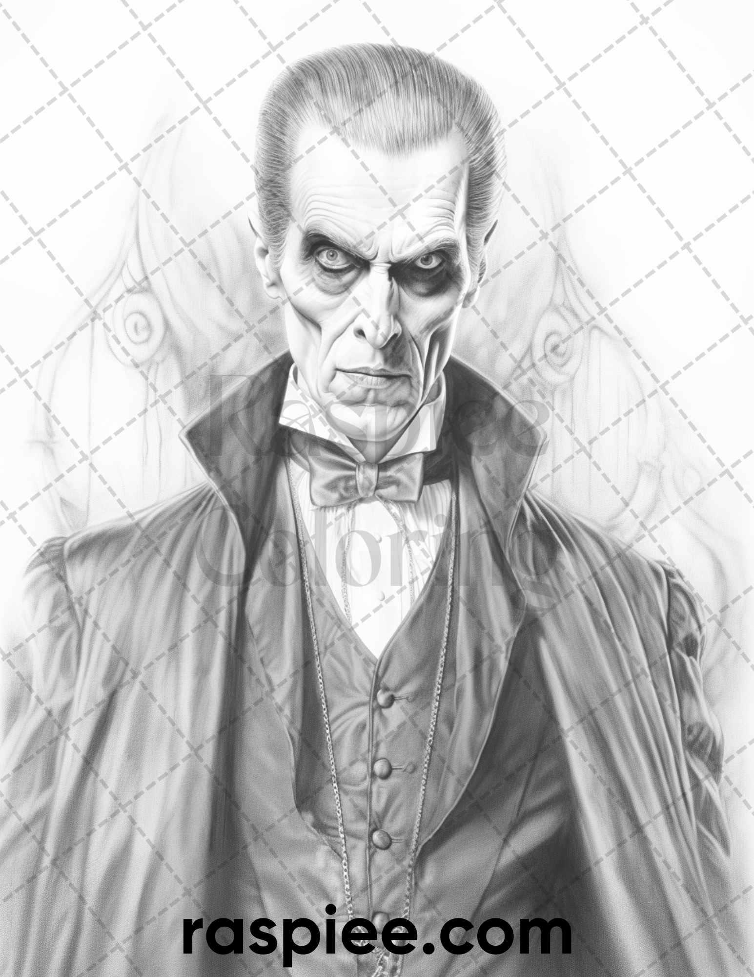 50 Count Dracula Grayscale Coloring Pages Printable for Adults, PDF File Instant Download