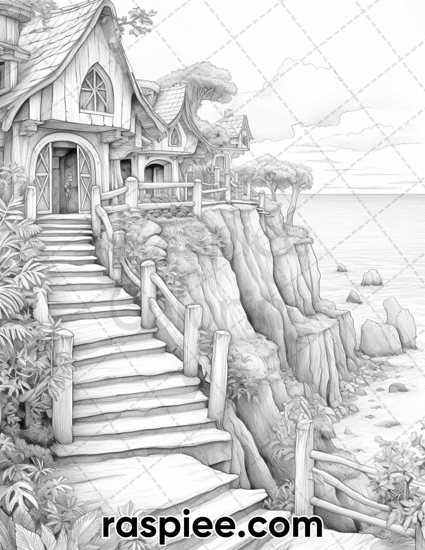 50 Fairy Beach Houses Grayscale Coloring Pages for Adults, Printable PDF Instant Download