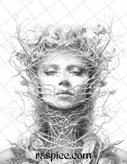 60 Enchanting Surrealism Grayscale Coloring Pages Printable for Adults, PDF File Instant Download