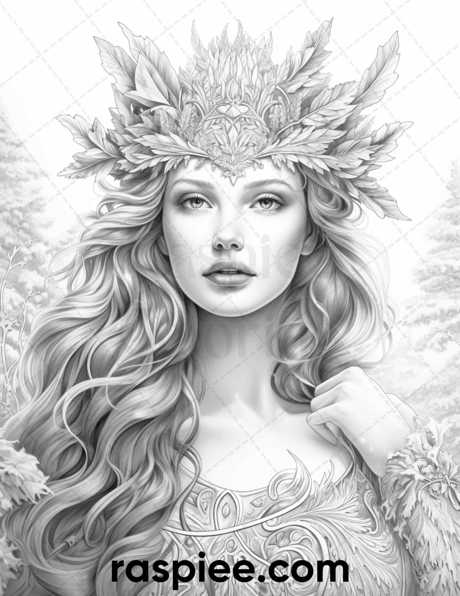 50 Winter Queens Portrait Grayscale Coloring Pages Printable for Adults, PDF File Instant Download