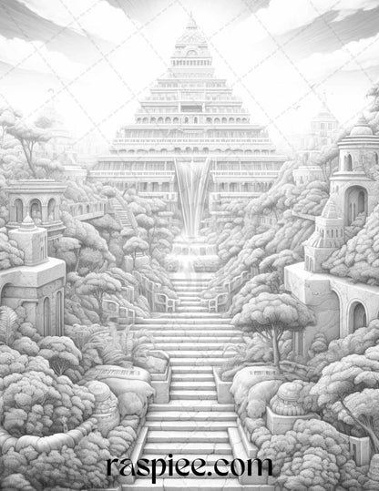 Hanging Gardens of Babylon Grayscale Coloring Pages Printable, PDF File Instant Download