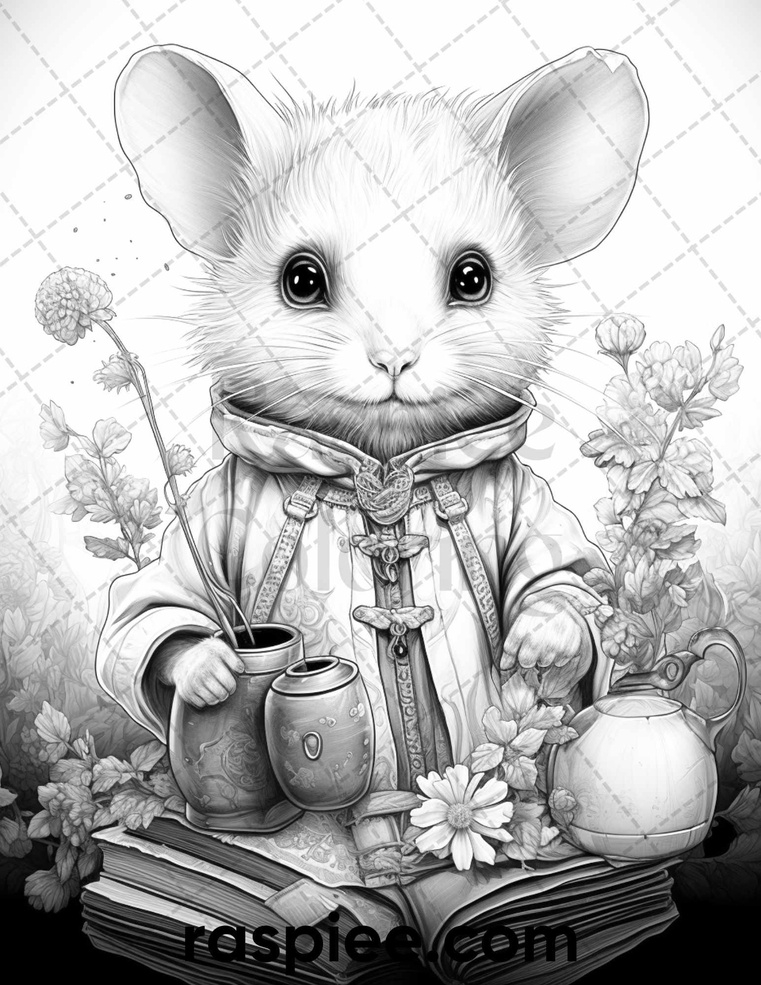 50 Enchanting Fairytale Mice Grayscale Coloring Pages Printable for Adults, PDF File Instant Download