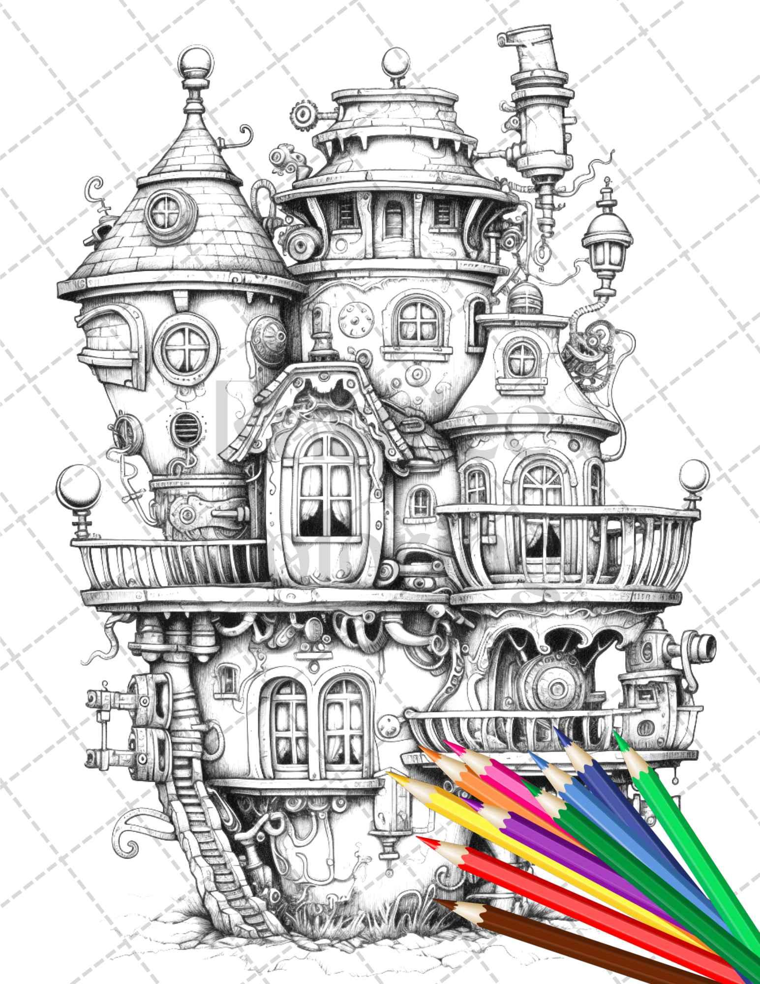 50 Steampunk Houses Grayscale Coloring Pages Printable for Adults, PDF File Instant Download
