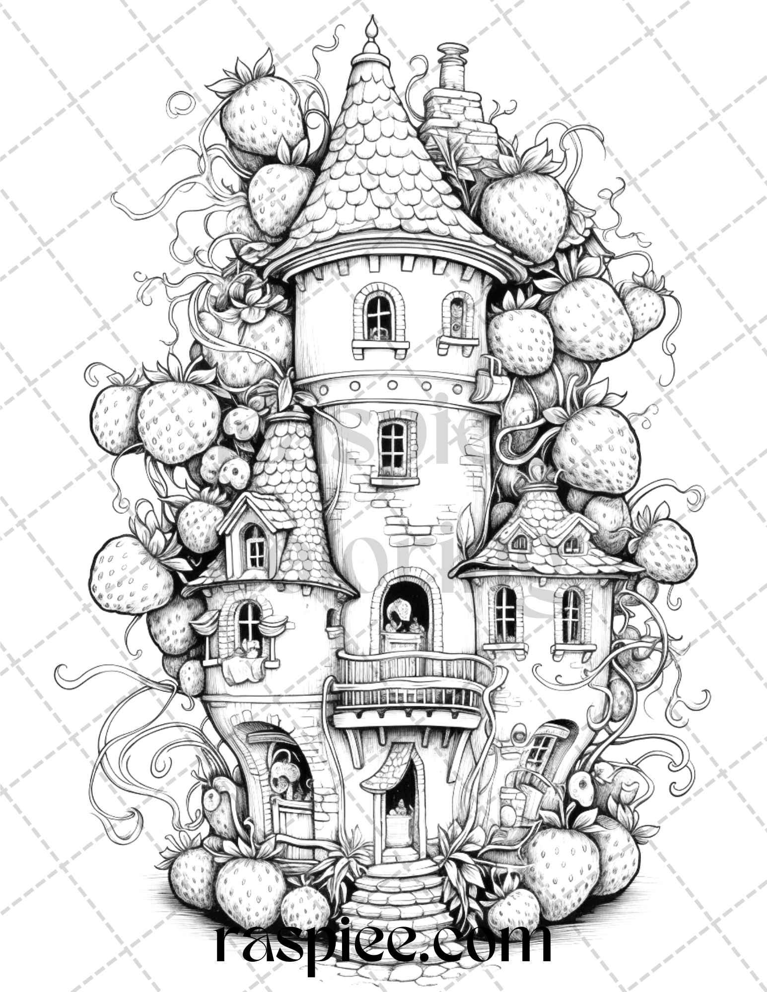 50 Strawberry Houses Grayscale Coloring Pages Printable for Adults Kids, PDF File Instant Download