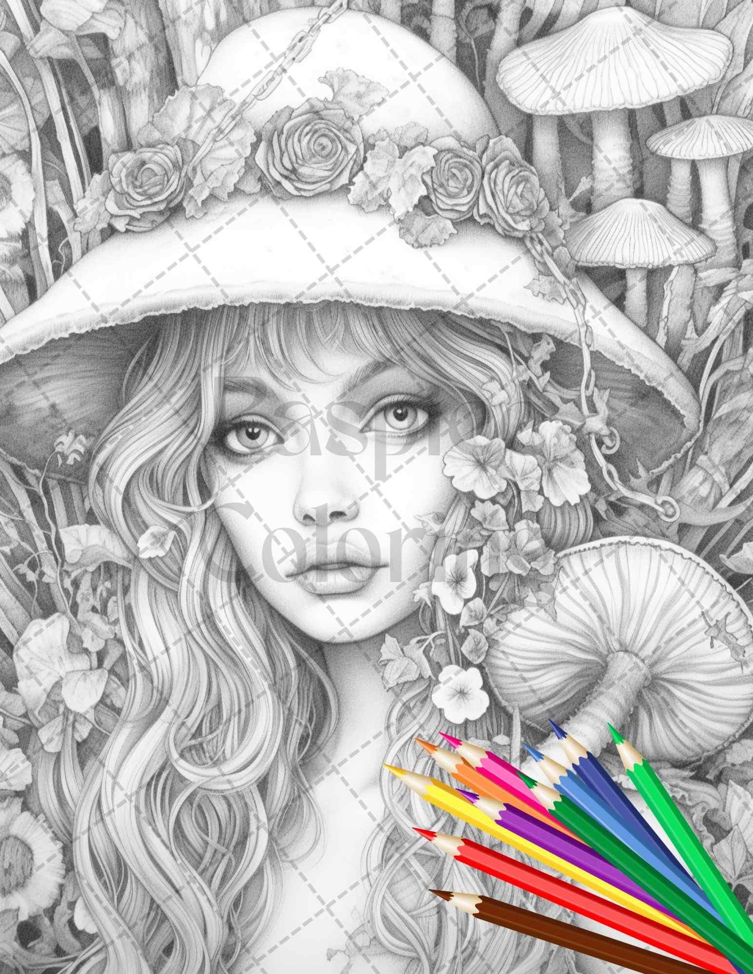 50 Mushroom Fairy Grayscale Coloring Pages Printable for Adults, PDF File Instant Download