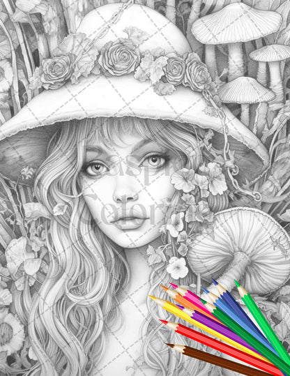 50 Mushroom Fairy Grayscale Coloring Pages Printable for Adults, PDF File Instant Download
