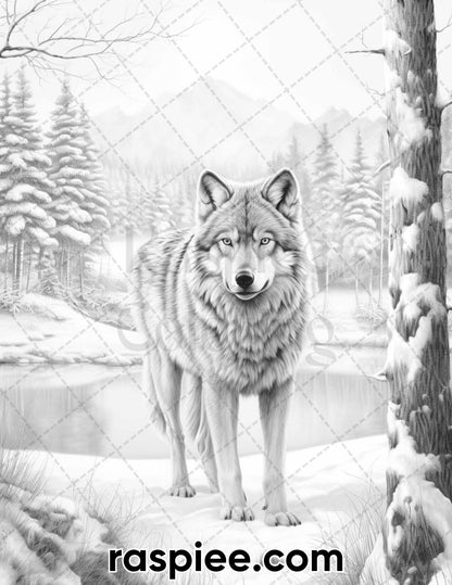 50 Winter Wolf Grayscale Coloring Pages for Adults, Printable PDF Instant Download
