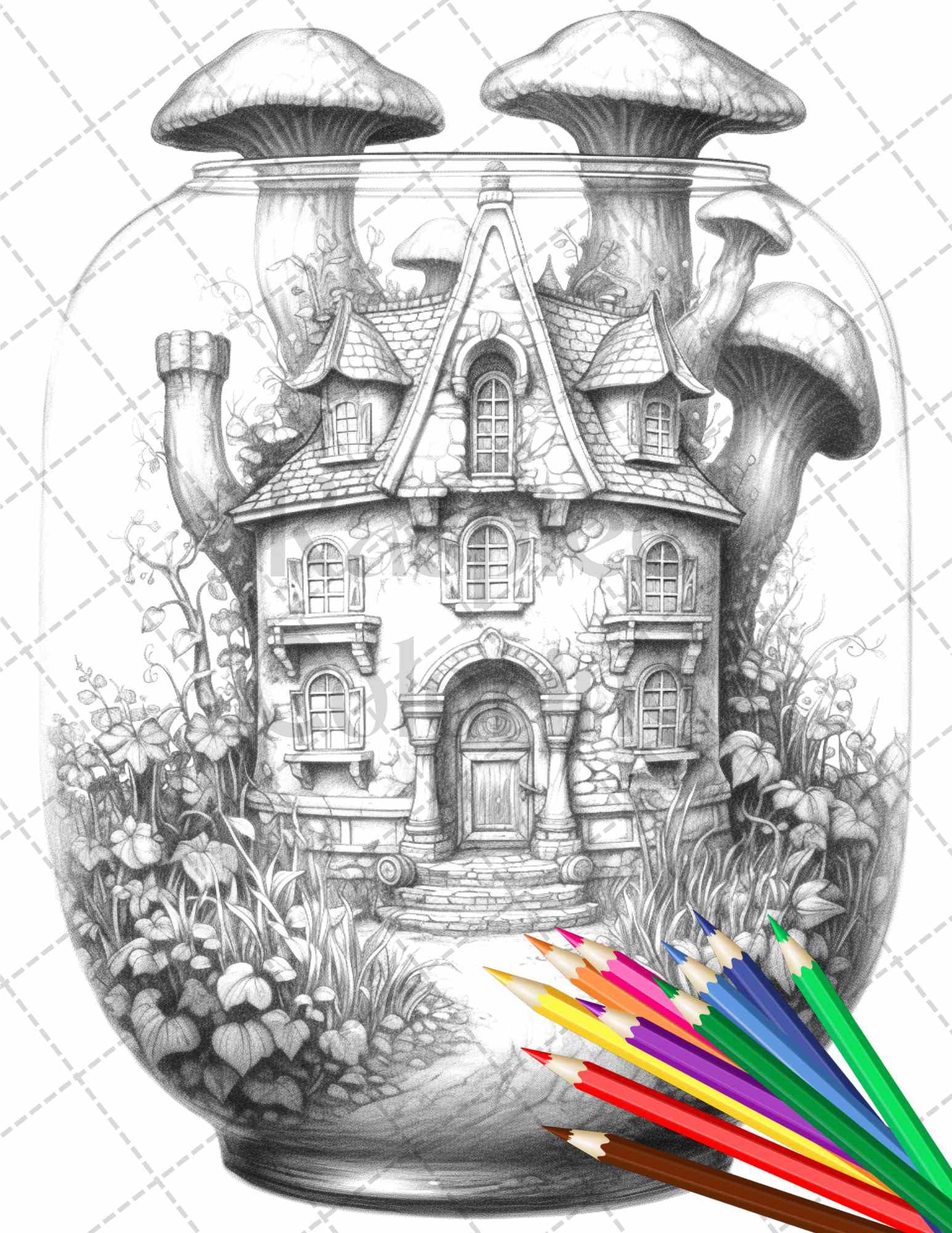 Fairy House in Jar Grayscale Coloring Pages Printable for Adults, PDF File Instant Download