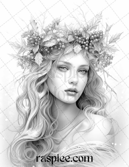 50 Winter Fairy Grayscale Coloring Pages Printable for Adults, PDF File Instant Download