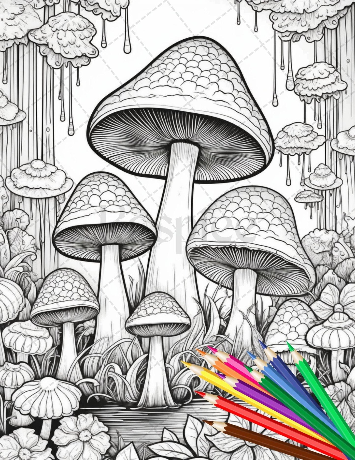 Psychedelic Mushroom Forest Coloring Book Printable for Adults, Trippy Grayscale Coloring Page, PDF File Instant Download