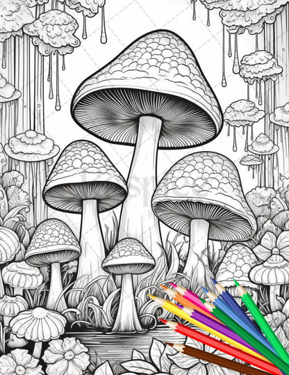 Psychedelic Mushroom Forest Coloring Book Printable for Adults, Trippy Grayscale Coloring Page, PDF File Instant Download