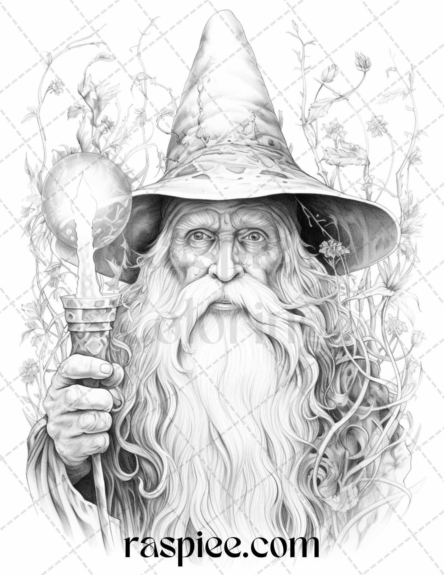 50 Magical Wizard Grayscale Coloring Pages for Adults, Printable PDF File Instant Download