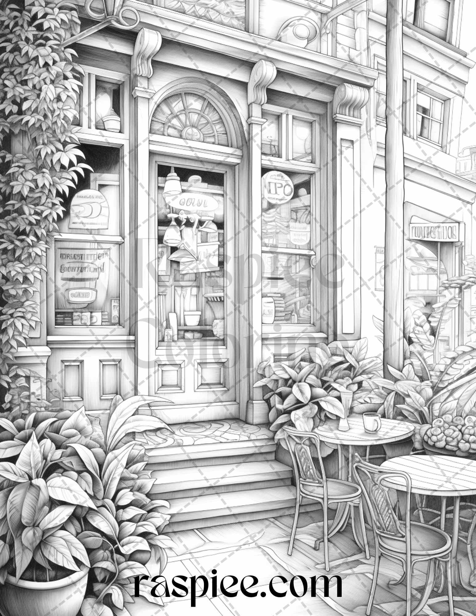 50 Cozy Coffee Shop Grayscale Coloring Pages Printable for Adults, PDF File Instant Download