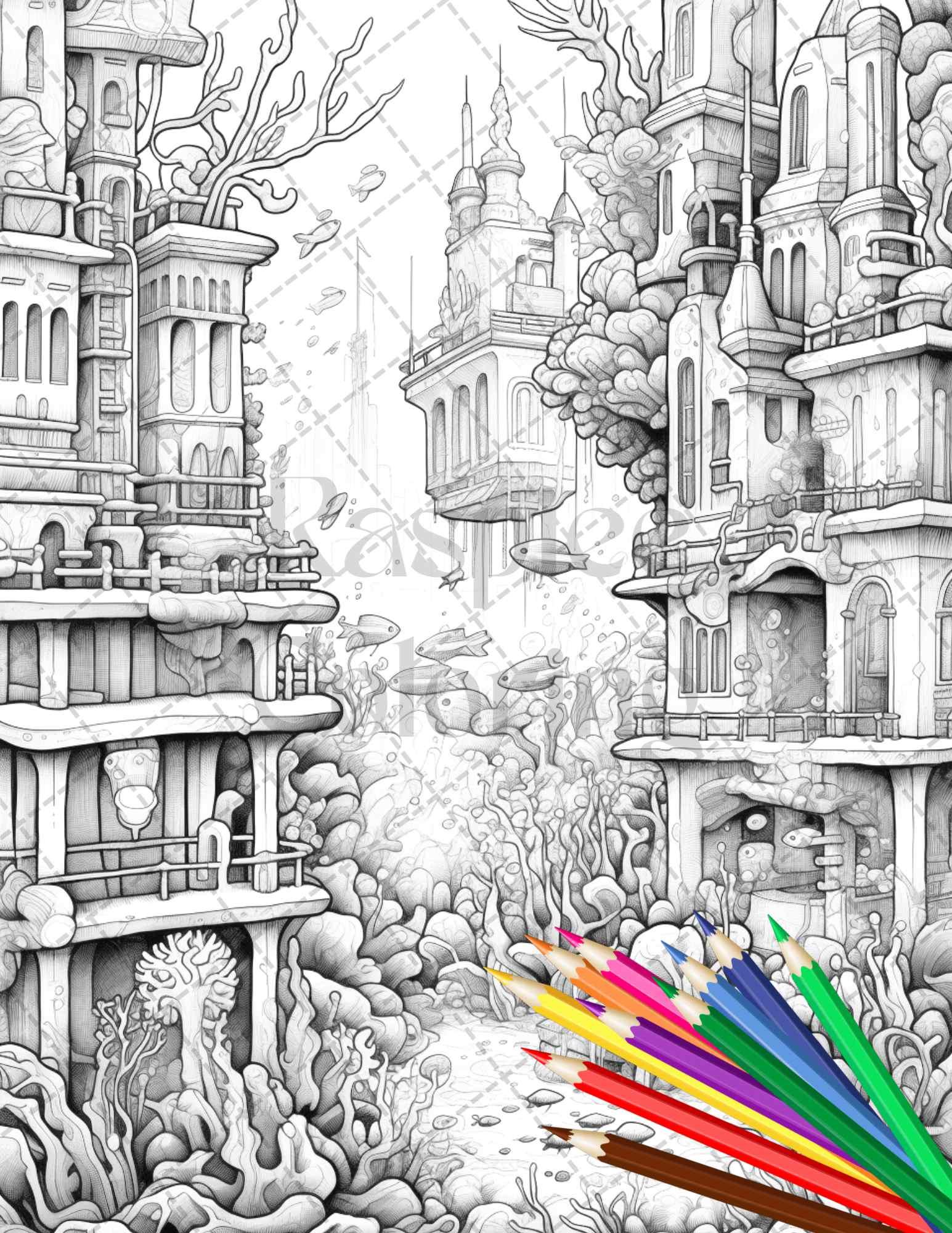 Enchanted Underwater City Grayscale Coloring Pages Printable for Adults, PDF File Instant Download