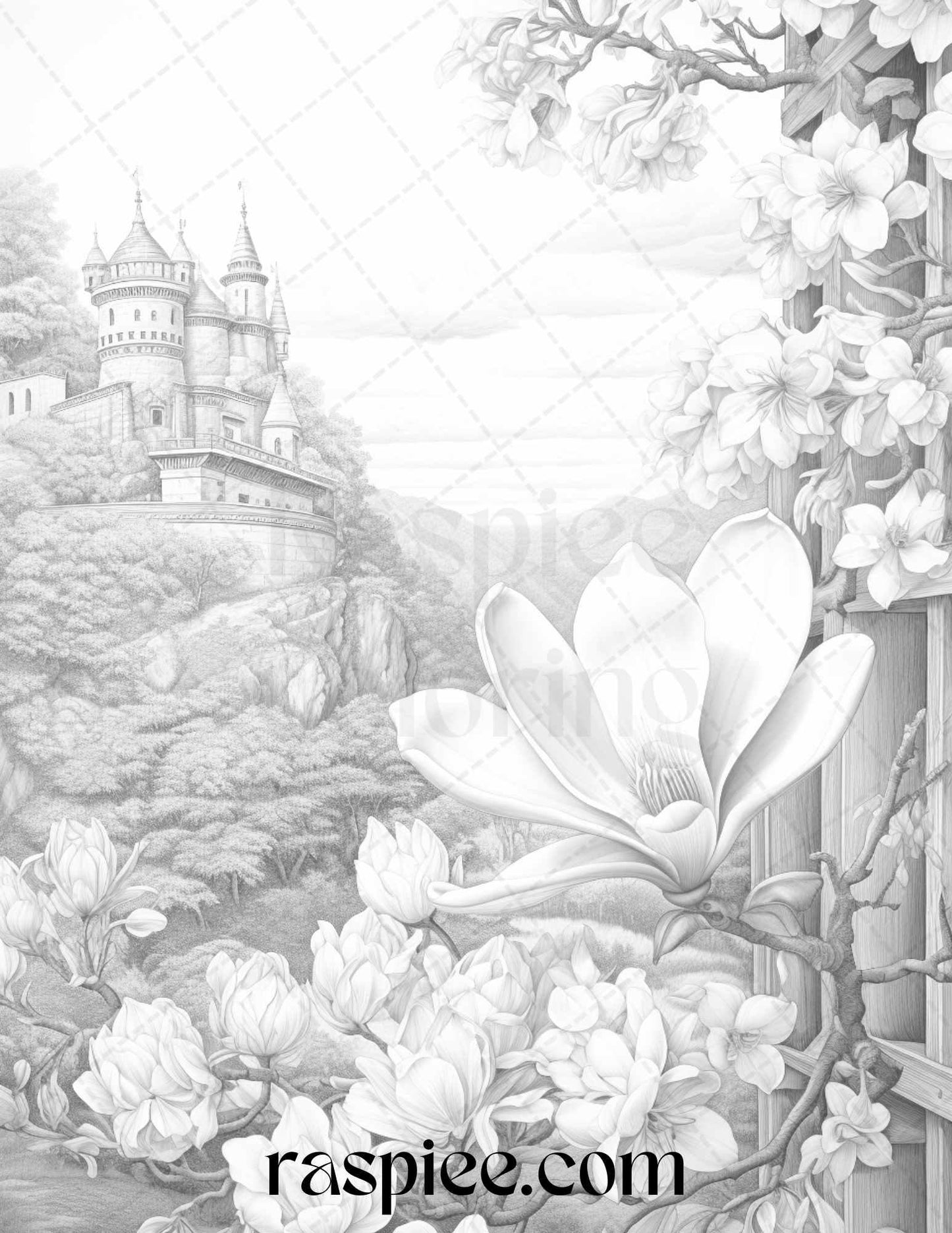 60 Mountain Flower Landscapes Grayscale Coloring Pages Printable for Adults, PDF File Instant Download