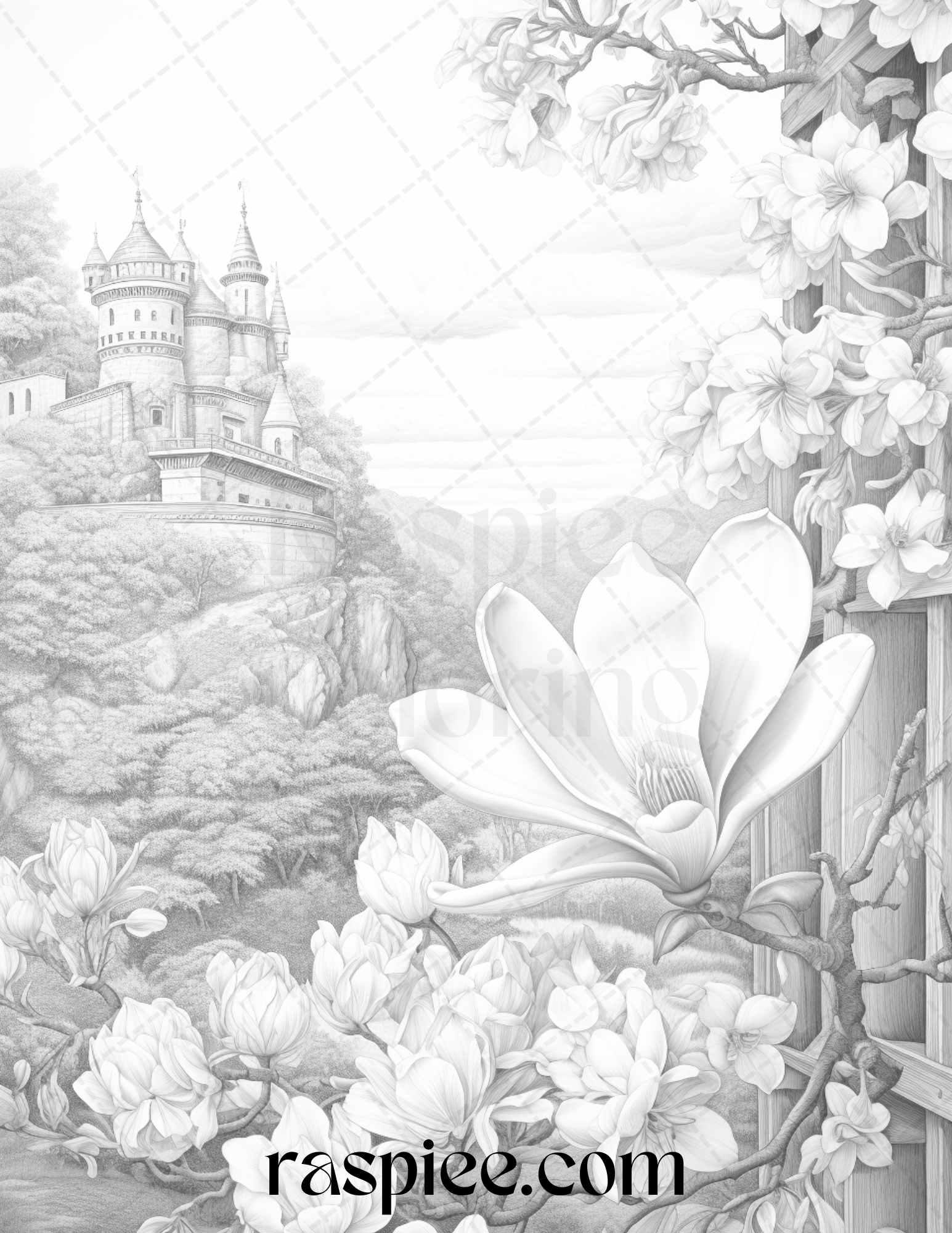 60 Mountain Flower Landscapes Grayscale Coloring Pages Printable for Adults, PDF File Instant Download