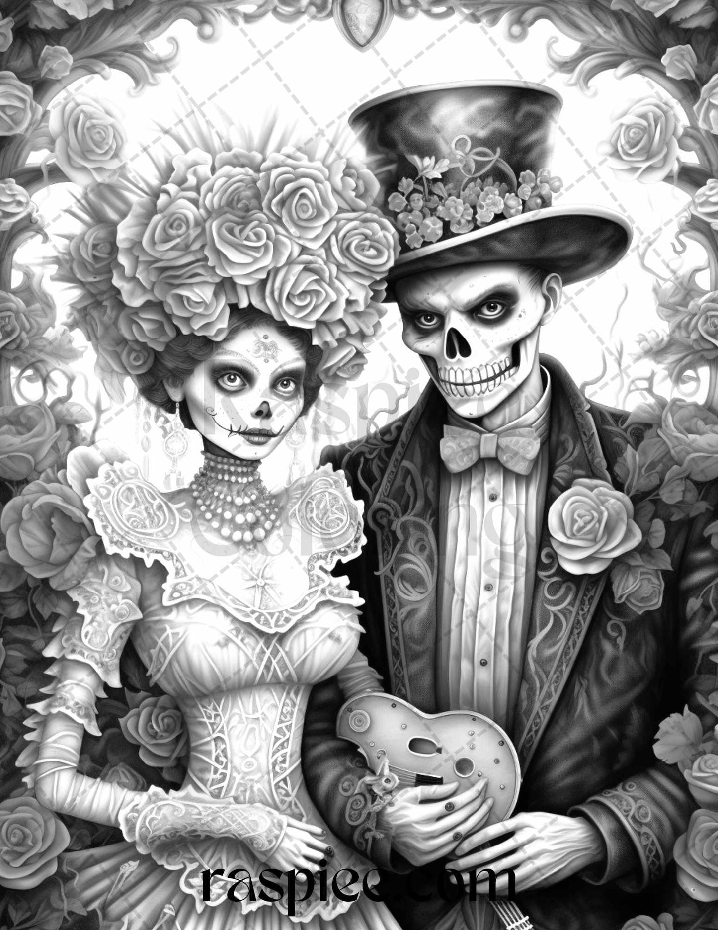 50 Day of the Dead Grayscale Coloring Pages Printable for Adults, PDF File Instant Download