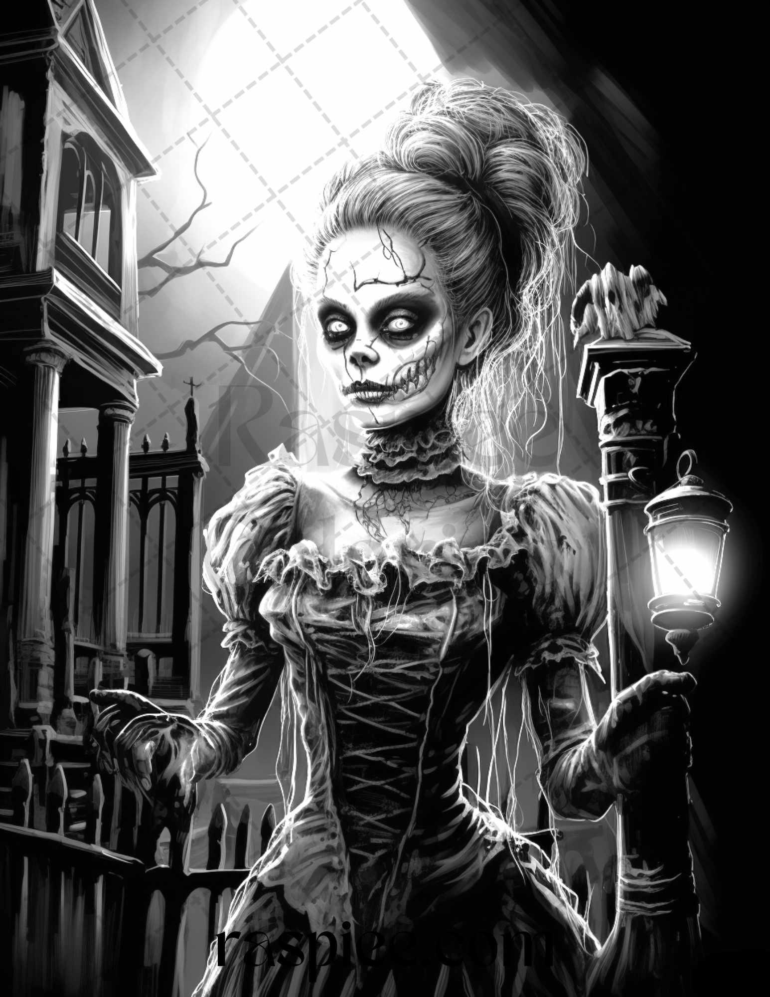 60 Halloween Victorian Era Grayscale Coloring Pages Printable for Adults, PDF File Instant Download
