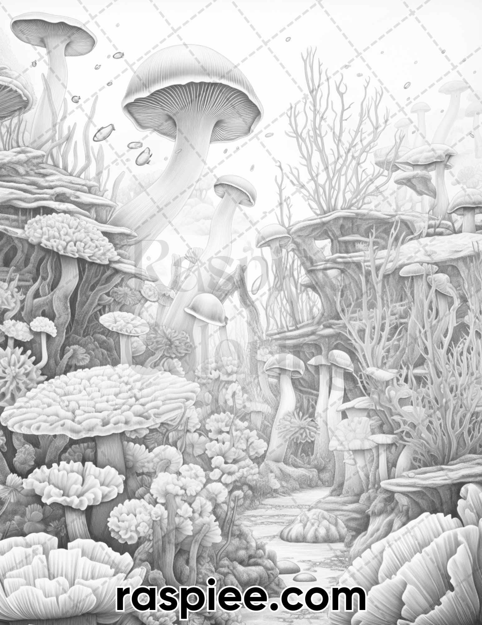50 Fantasy Mushroom Island Grayscale Coloring Pages for Adults, Printable PDF Instant Download