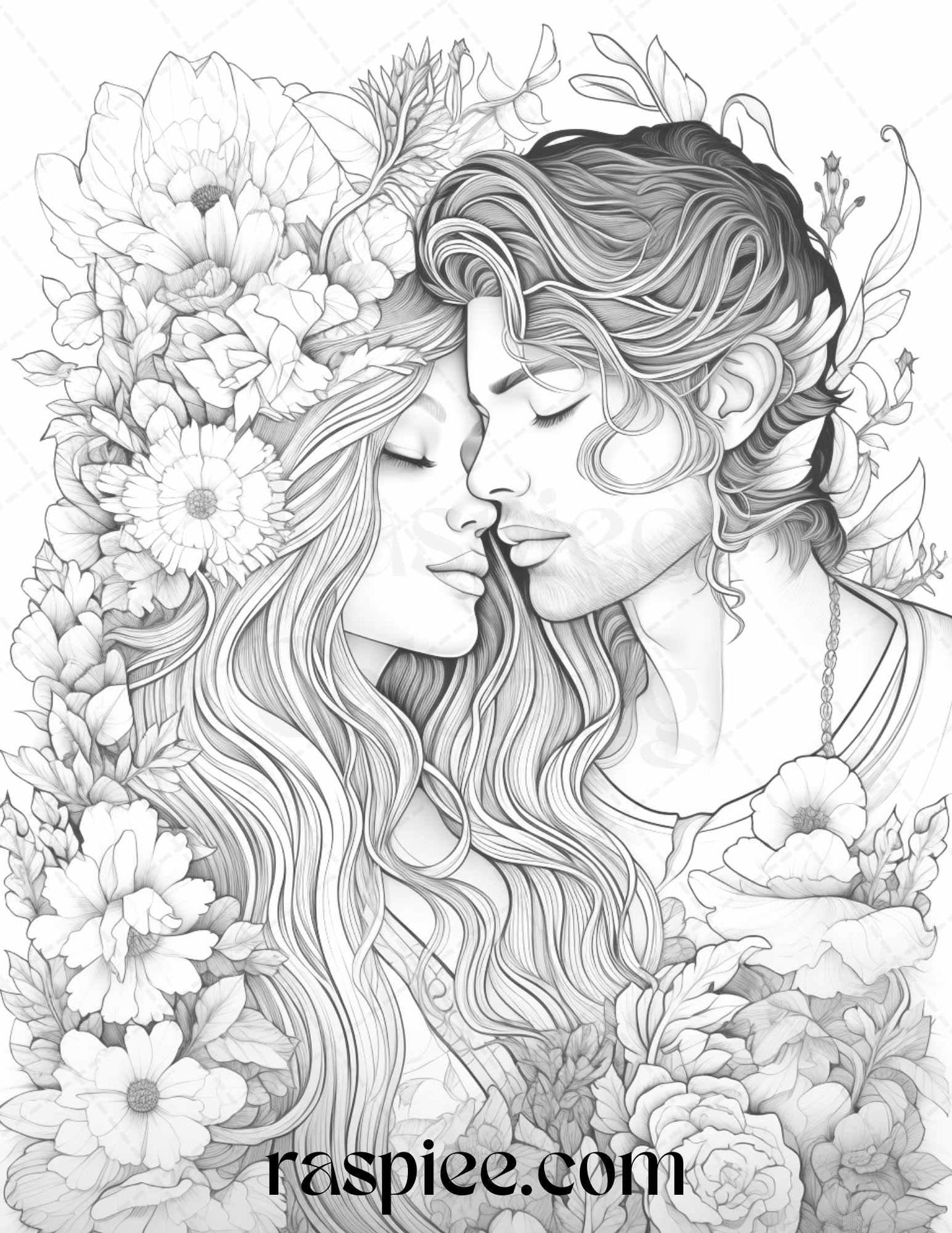 50 Romantic Couple Flowers Grayscale Coloring Pages Printable for Adults, PDF File Instant Download