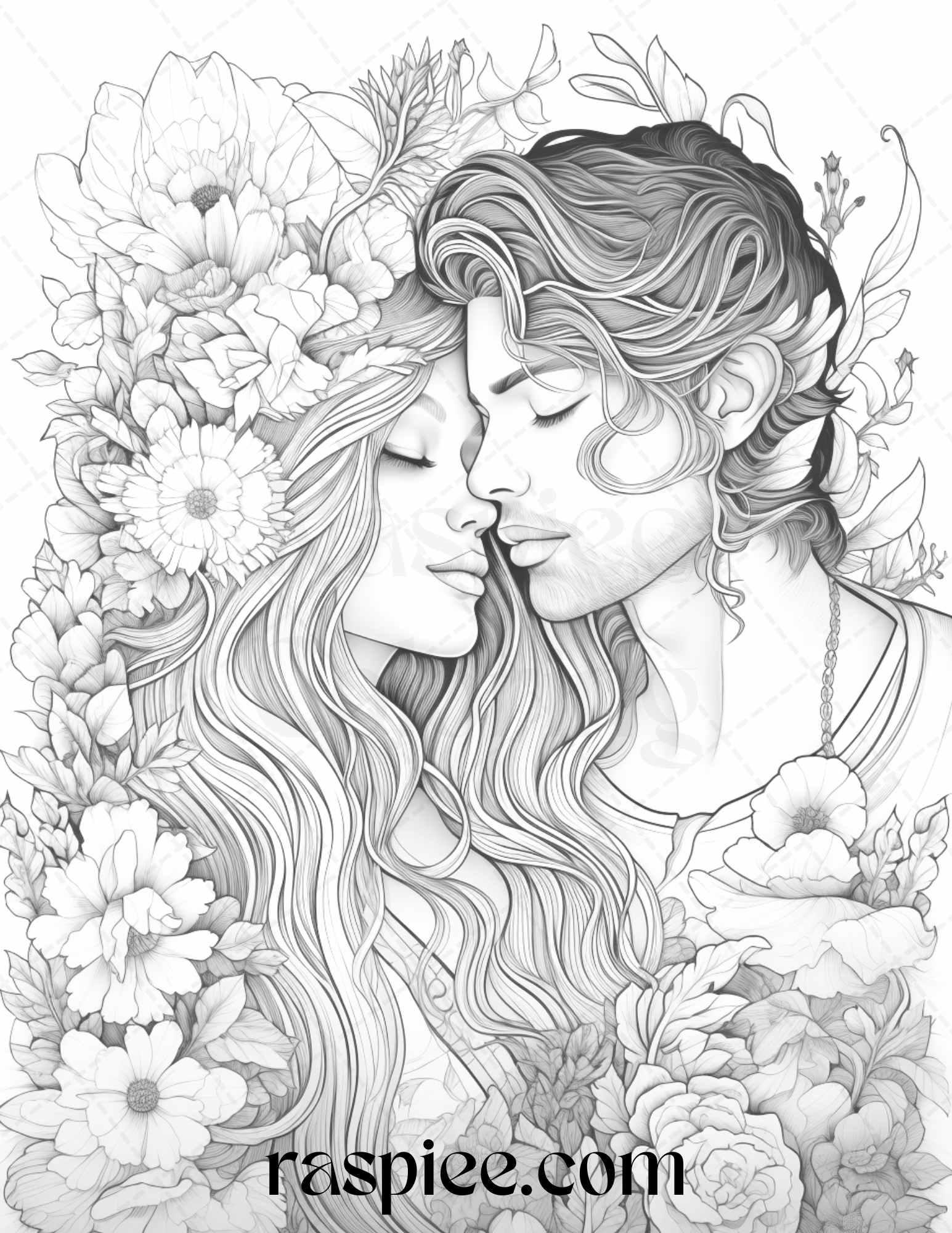 50 Romantic Couple Flowers Grayscale Coloring Pages Printable for Adults, PDF File Instant Download
